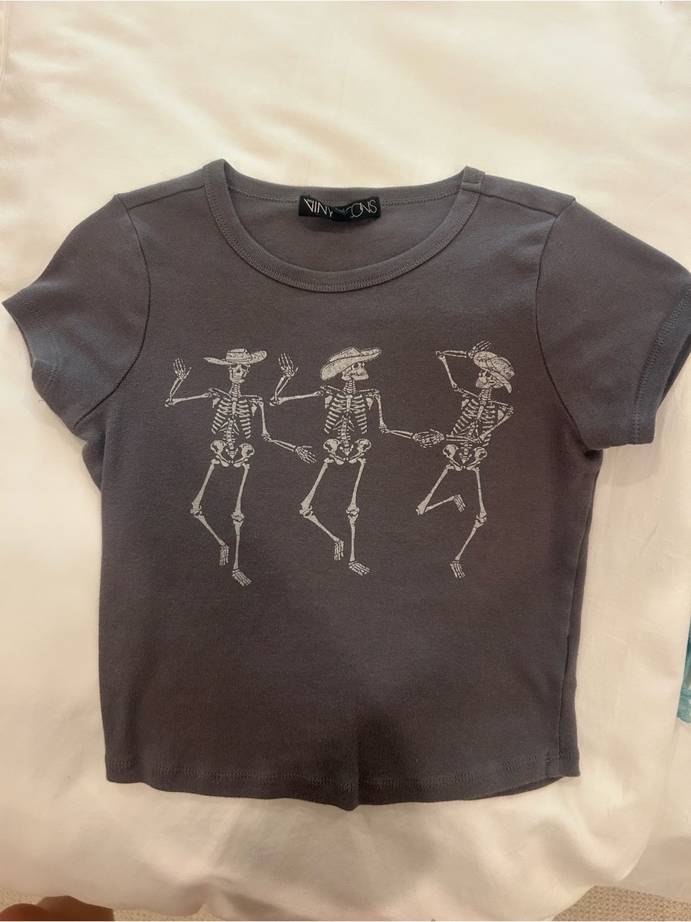 Ninynons Women's Black Crop Tee with Dancing Skeleton Graphic